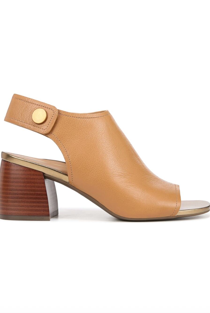 New Vionic Valencia Womens Size 6M Camel Leather Peep Toe Block Heel Sandals